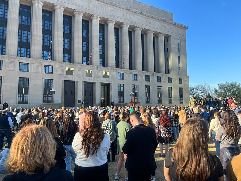 A crowd gathers outside the courthouse and City Hall for a vigil held for victims of The Covenant School shooting on Wednesday, March 29, 2023, in Nashville, Tenn. RNS photo by Bob Smeitana