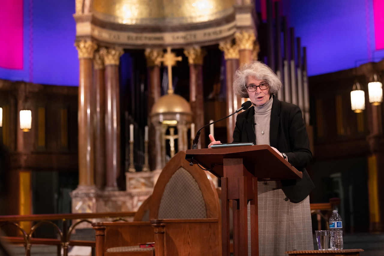 Sister Nathalie Becquart speaks at St. Paul the Apostle Church in Manhattan, Tuesday, March 28, 2023, as part of Fordham University's annual Russo Lecture series. Photo by Leo Sorel Photography/Fordham University