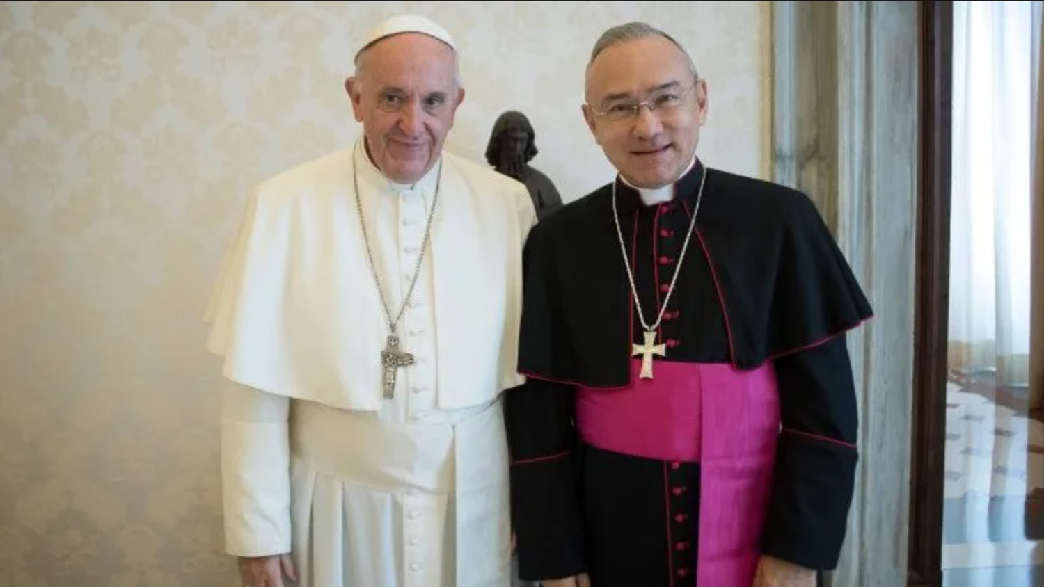 Pope Francis, left, with Archbishop Edgar Peña Parra in 2018. (Photo by Vatican News)