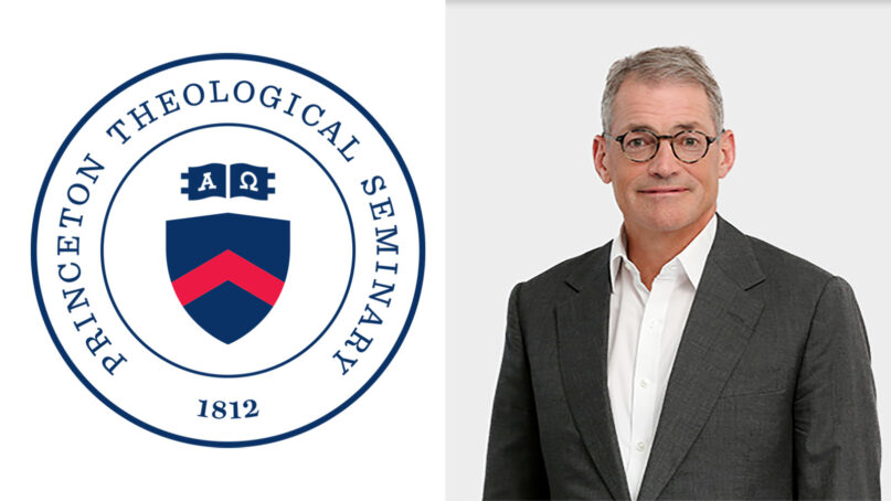 Princeton Theological Seminary logo, left, and board of trustees member Michael Fisch. Courtesy images