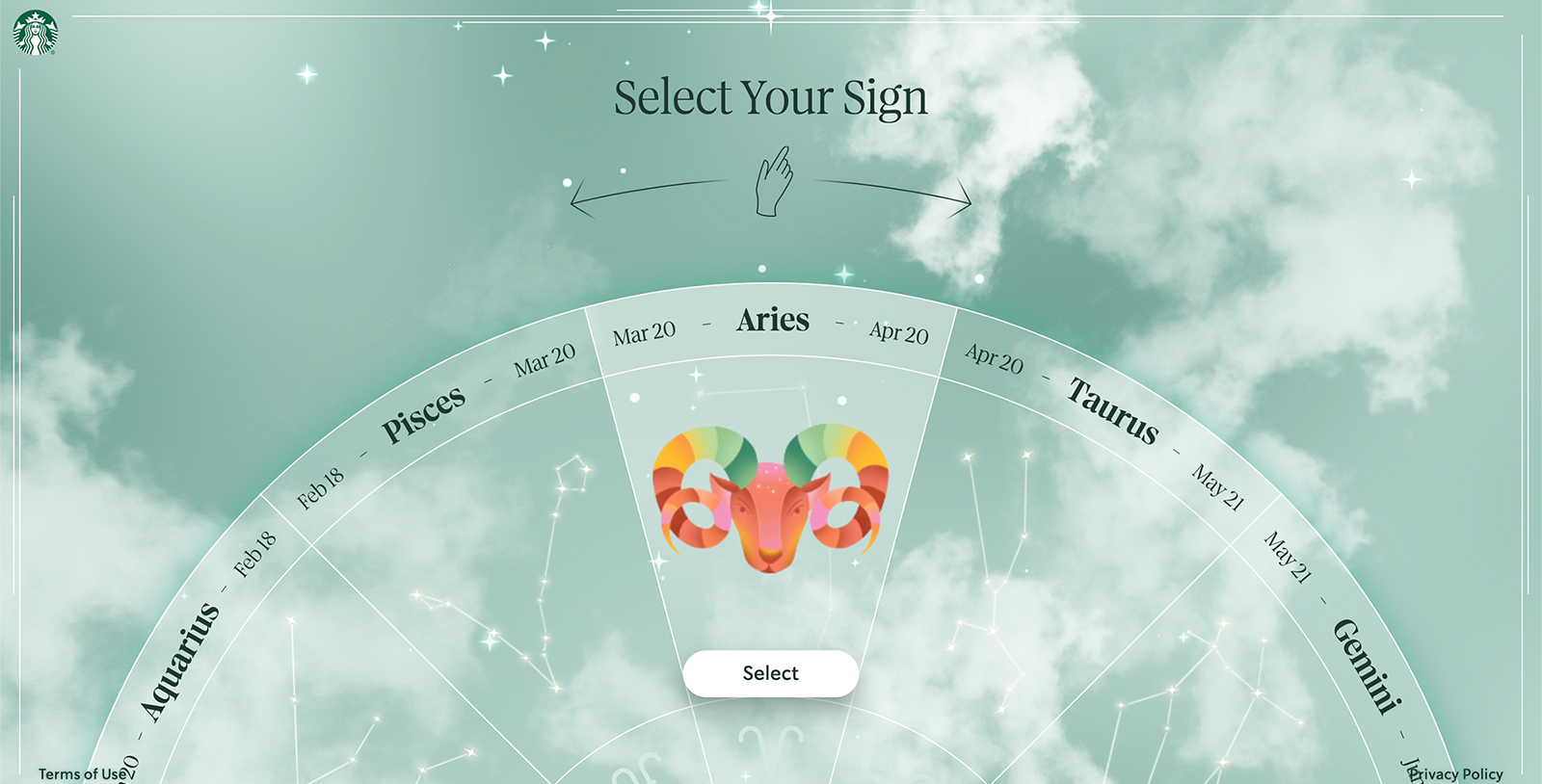 Landing page for the newly launched Starbucks Star Signs, a collaboration with astrology app Sanctuary. Screen grab
