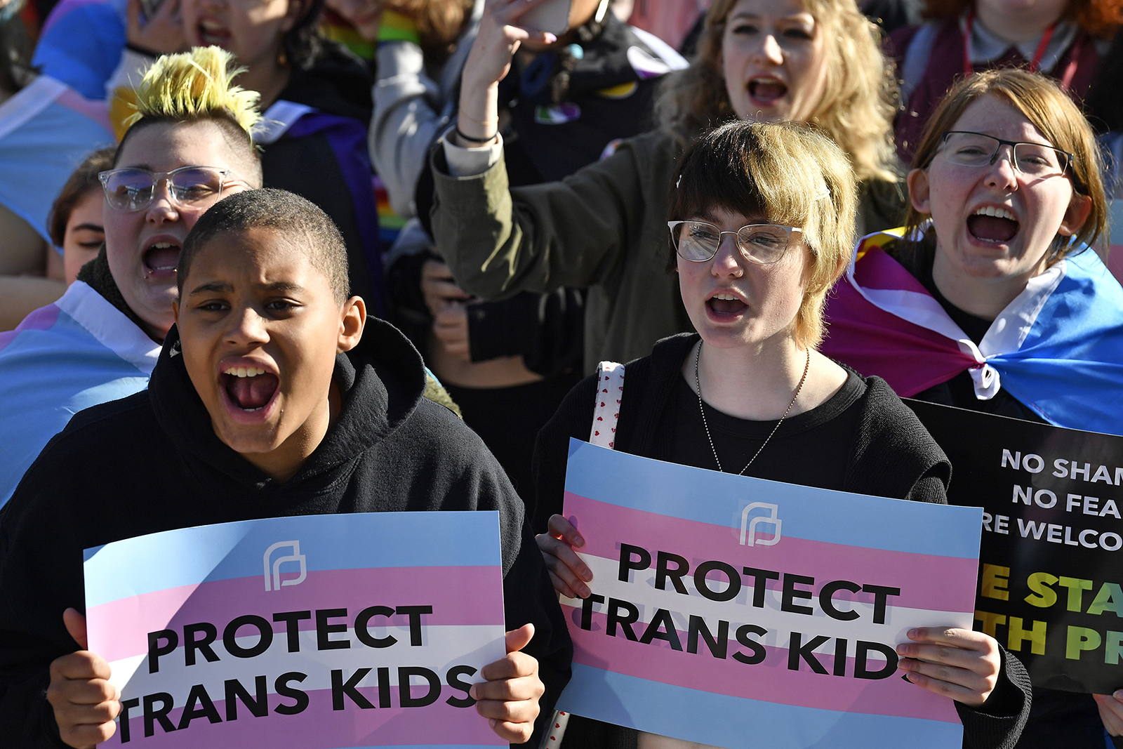 Protesters of Kentucky Senate bill SB150, known as the Transgender Health Bill, cheer on speakers during a rally on the lawn of the Kentucky State Capitol in Frankfort, Ky., Wednesday, March 29, 2023. (AP Photo/Timothy D. Easley)