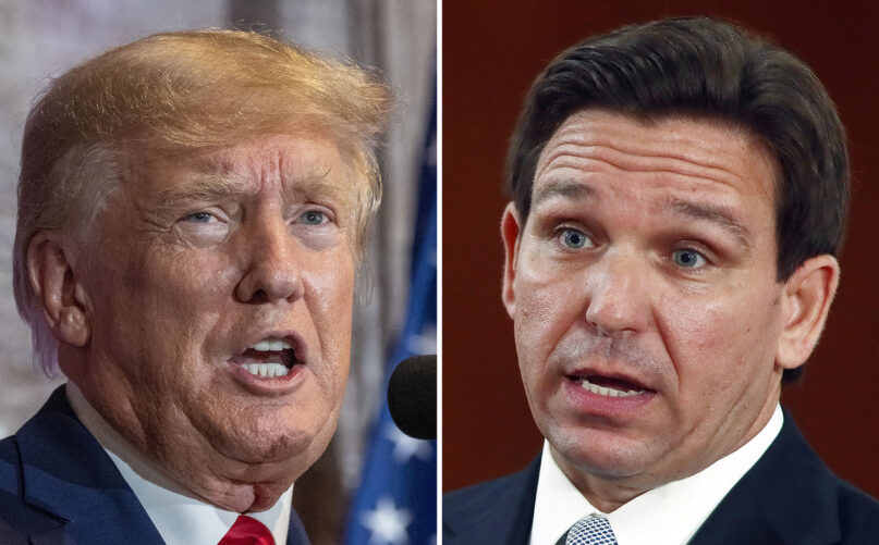 This combination of photos shows former President Donald Trump, left, and Florida Gov. Ron DeSantis, right. DeSantis’ allies are gaining confidence in his White House prospects as Trump’s legal woes mount. Trump, a 2024 Republican presidential candidate, is facing possible criminal charges in New York, Georgia and Washington. The optimism around DeSantis comes even as some Republican officials and MAGA influencers raise concerns about the Florida governor’s readiness for the national stage. (AP Photo/File)