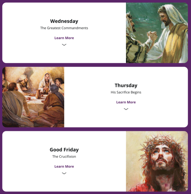 A lectionary-like reading plan on the church's website takes members and prospective converts through each day of Holy Week, using passages from the New Testament. April 7, 2023.