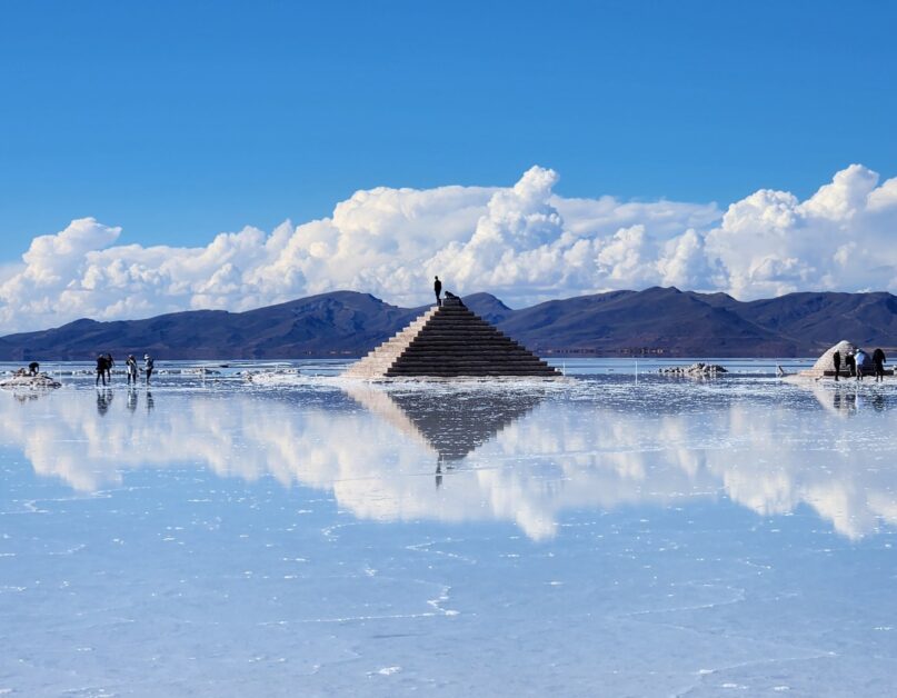 A salt pyramid in Uyuni, Bolivia. The rainy season produces a mirror effect in the salt flat. (Mario Orospe Hernandez</span>, <a class=