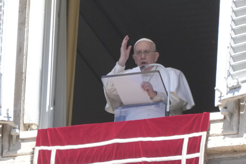 Pope Francis delivers a blessing during the Regina Coeli prayer in St. Peter's Square, at the Vatican, Monday, April 10, 2023. (AP Photo/Gregorio Borgia)