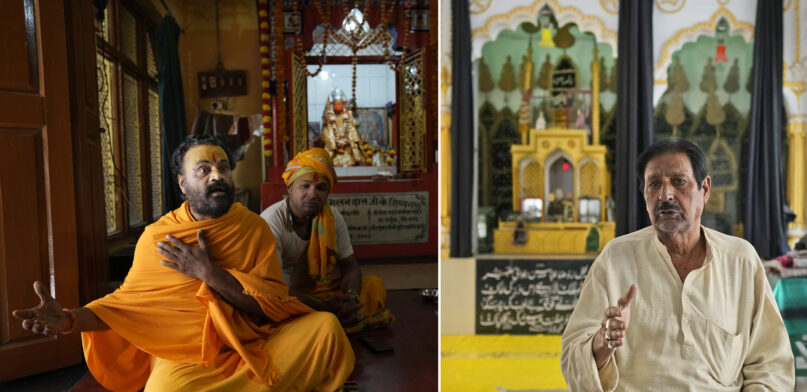 In this two picture combo, on left, Hindu priest Swami Ram Das ,48, expresses his views sitting in his ashram, Wednesday, March 29, 2023, and on right, Muslim community leader Syed Mohammad Munir Abidi, 68, talks sitting in a Mosque on Tuesday March 28, 2023, in Ayodya, India. Abidi and Das are two ordinary citizens living in one city in a country of more than 1.4 billion people that is on the cusp of becoming the world's most populated nation. Together they embody the opposing sides of a deeply entrenched religious divide that presents India one of its biggest challenges so far: to safeguard freedoms to its Muslim minority at a time when a rising tide of Hindu nationalism is laying waste to the country's secular underpinnings. (AP Photo/Manish Swarup)