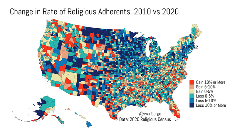 "Change in Rate of Religious Adherents, 2010 vs 2020" Graphic by Ryan Burge