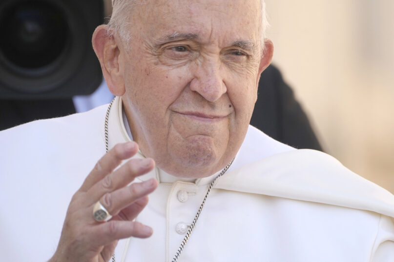 Pope Francis arrives in St. Peter’s Square at the Vatican, April 22, 2023. (AP Photo/Gregorio Borgia)
