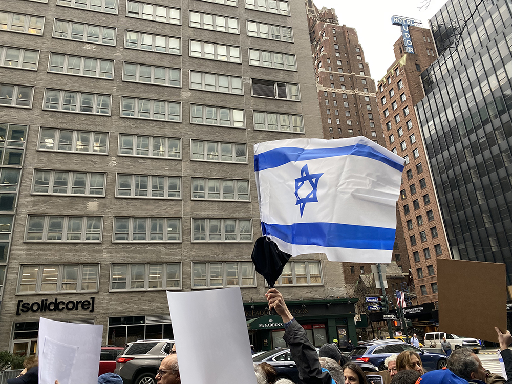 Protestors gather outside the Israeli Consulate in midtown Manhattan, March 27, 2023, in New York. Photo by Henrietta McFarlane
