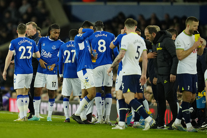 The match is paused so Muslim players can break their fast due to Ramadan during the English Premier League soccer match between Everton and Tottenham Hotspur at the Goodison Park stadium in Liverpool, England, Monday, April 3, 2023. (AP Photo/Jon Super)