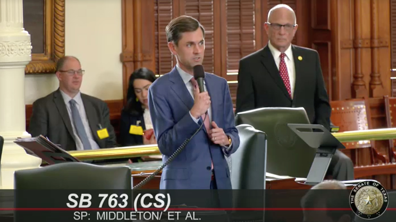 Sen. Mayes Middleton speaks about his proposed bill to allow administrators to furnish public schools with chaplains, Monday, April 24, 2023, at the Texas Capitol in Austin, Texas. Video screen grab