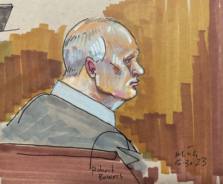 In this courtroom sketch, Robert Bowers, the suspect in the 2018 synagogue massacre, sits in court Tuesday, May 30, 2023, in Pittsburgh. (David Klug via AP)