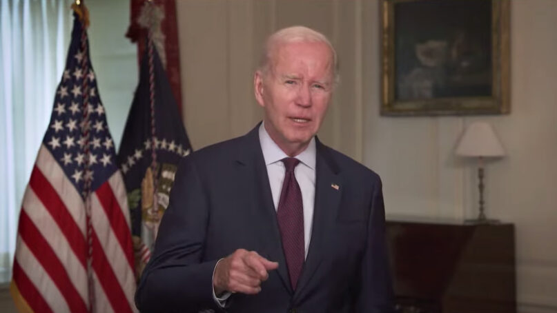President Joe Biden introduces his administration’s new strategy for countering antisemitism in a videotaped announcement, May 25, 2023. Video screen grab
