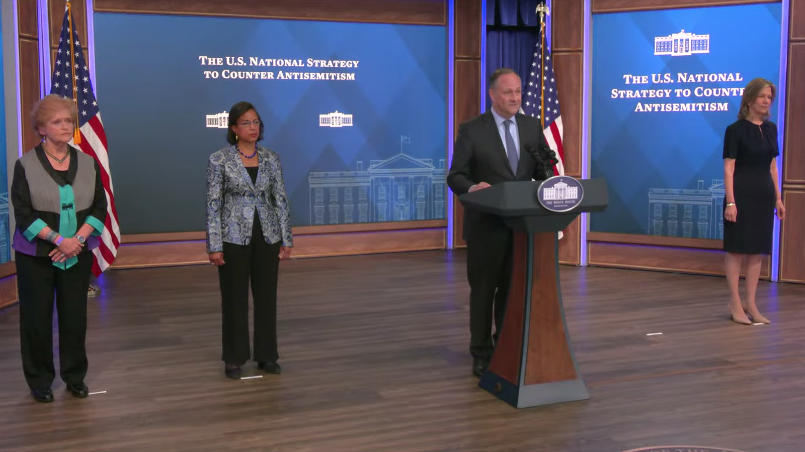 Second gentleman Doug Emhoff speaks during an unveiling of the Biden administration’s new strategy for countering antisemitism, Thursday, May 25, 2023. Video screen grab