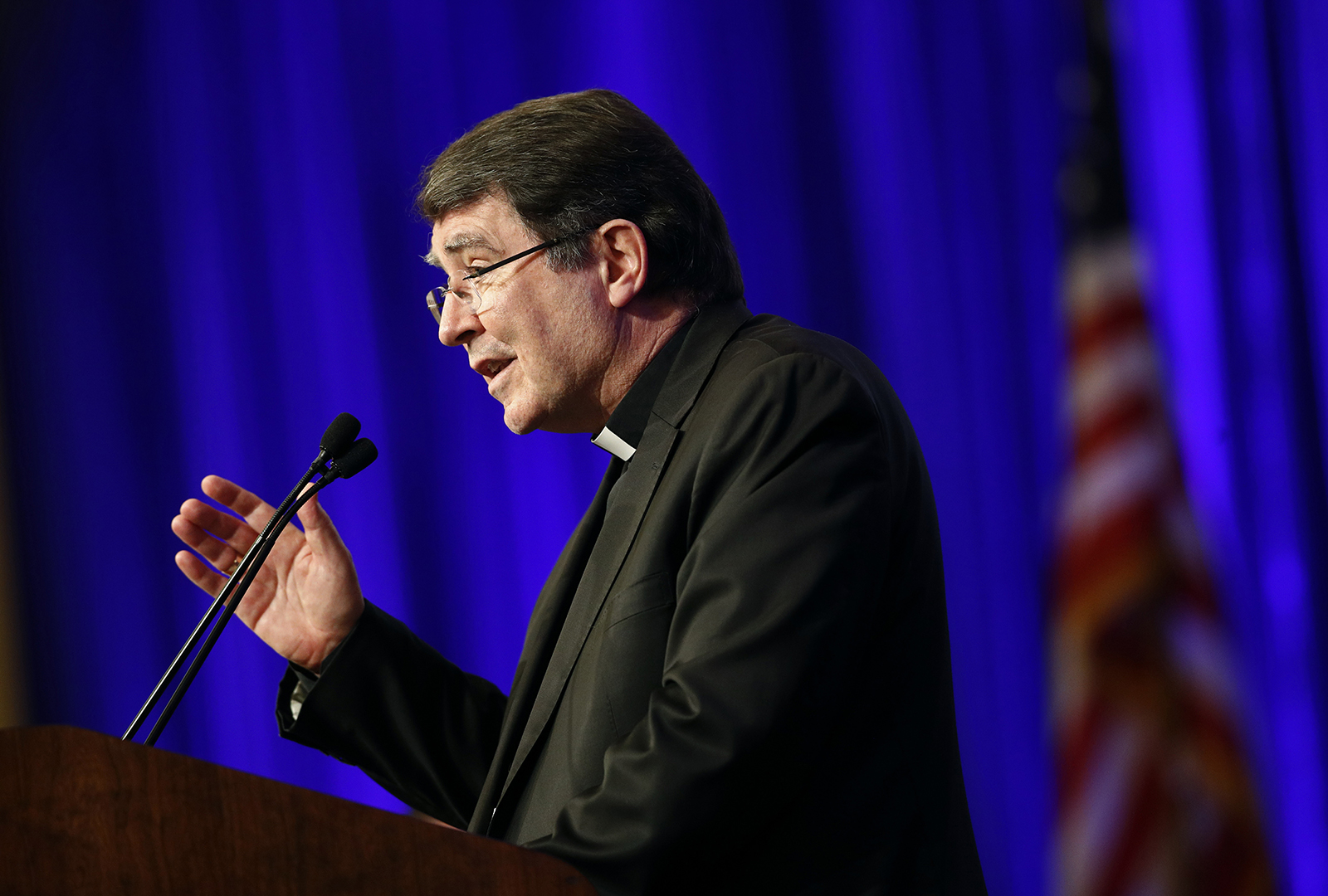 Archbishop Christophe Pierre, Apostolic Nuncio to the United States, delivers remarks at the United States Conference of Catholic Bishops' annual fall meeting in Baltimore, Monday, Nov. 13, 2017. (AP Photo/Patrick Semansky)