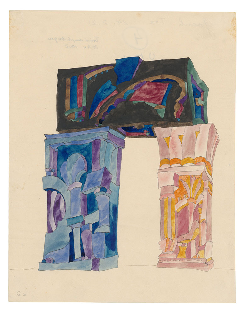 Paul Goesch, "Architectural composition (Triumphal arch) or Visionary design for a freestanding gateway," 1921, watercolour and gouache over pen and black ink on tracing paper. Centre Canadien d'Architecture/Canadian Centre for Architecture, Montreal, DR1988:0242