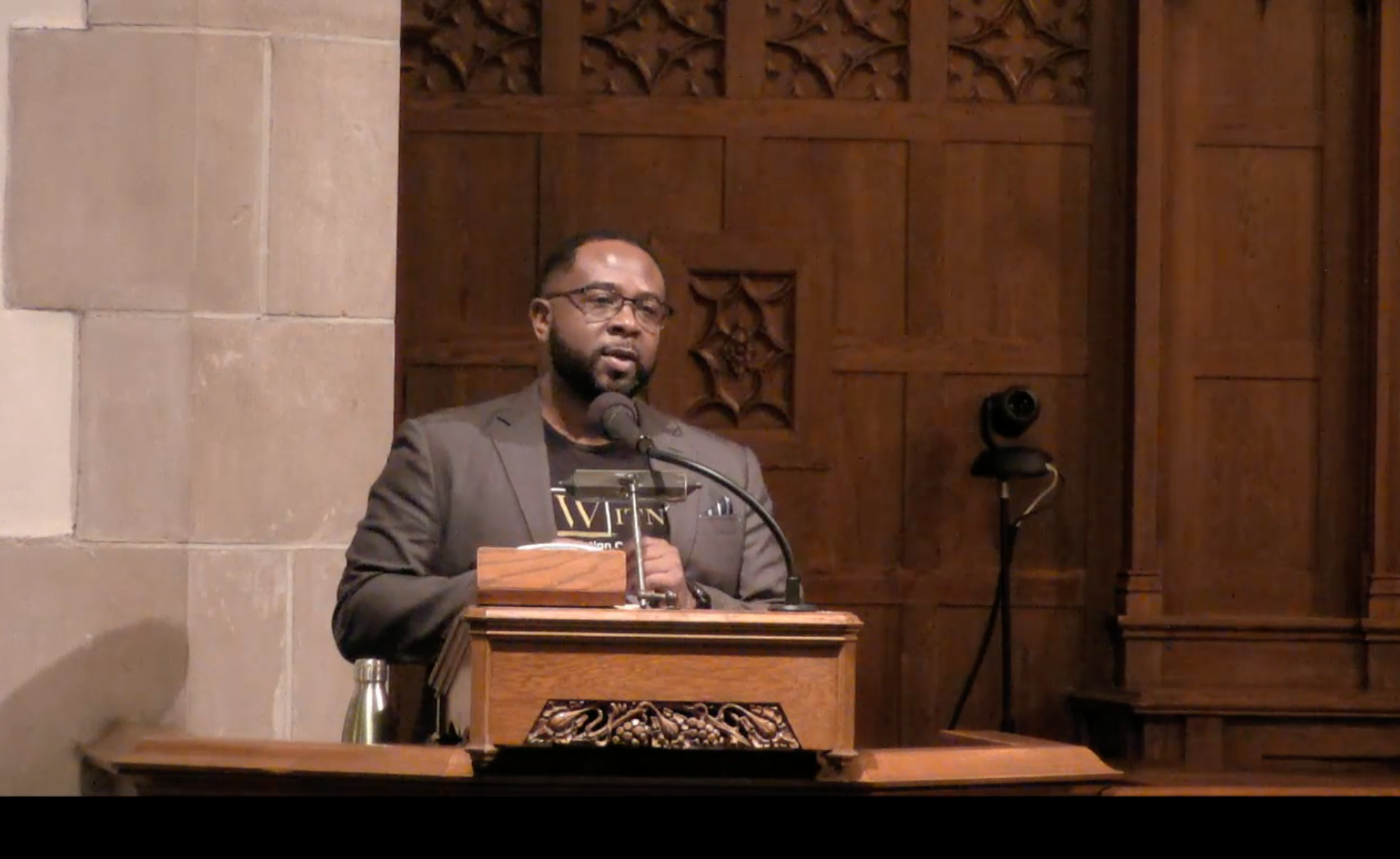 Jemar Tisby talks with a class at Grove City College in a Chapel Program in October 2020 in a conversation titled "The Urgency of Now." Screengrab