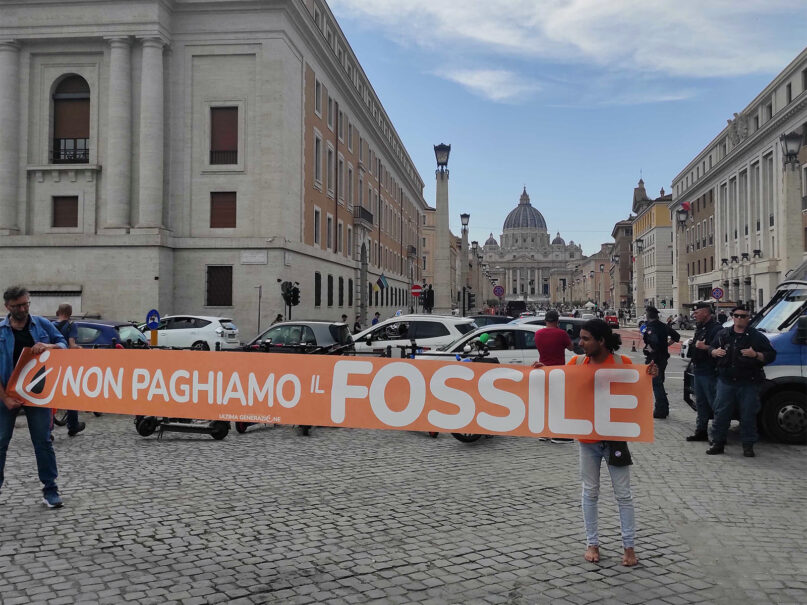 Last Generation climate activists demonstrate near Vatican City on May 24, 2023, in Rome. RNS photo by Claire Giangravè