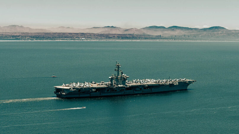 The United States Navy's third Nimitz-class supercarrier, the USS Carl Vinson (CVN-70), leaves port in San Diego, California. Photo by William Rudolph/Unsplash/Creative Commons