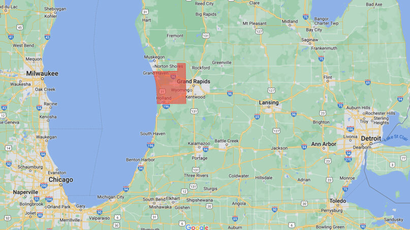 Ottawa County, red, in western Michigan. Image courtesy Google Maps