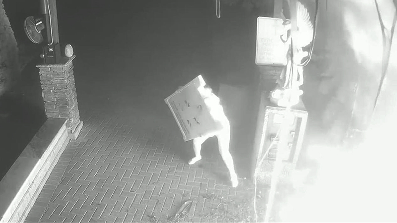 Surveillance footage shows a woman throwing items into a fire at the Shrine of Our Lady of Guadalupe in Des Plaines, Illinois. Video screen grab via Des Plaines Police Department