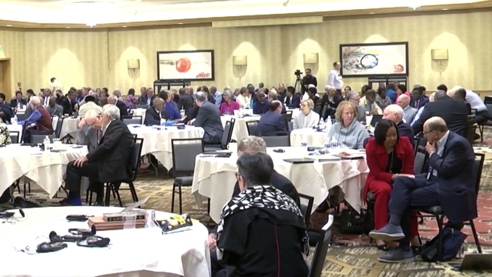 A variety of active and retired United Methodist Church bishops meet Monday, May 1, 2023, in Chicago. Video screen grab