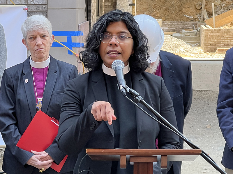 The Rev. Winnie Varghese speaks during a press conference at St. James Terrace, Thursday, May 18, 2023, in the Bronx, New York. Photo by Meagan Saliashvili