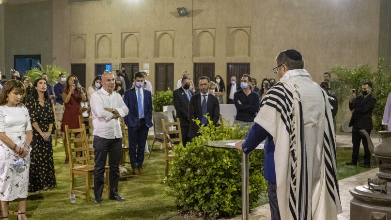 People attend the first-ever Holocaust Remembrance Day commemoration in an Arab country on April 7, 2021, at the Crossroads of Civilizations Museum in Dubai, United Arab Emirates. Photo courtesy of Yeshiva University