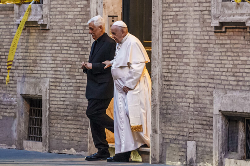 FILE - Pope Francis is flanked by Jesuits' superior general Arturo Sosa Abascal, left, after presiding a mass on March 12, 2022. Pope Francis’ Jesuit religious order said Thursday, June 15, 2023 it has expelled a prominent Slovenian priest from the congregation following allegations of sexual, spiritual and psychological abuses against adult women. (AP Photo/Domenico Stinellis, File)