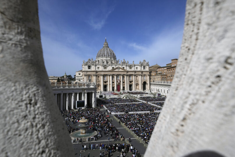 FILE - A view of the Palm Sunday's mass celebrated by Pope Francis in St. Peter's Square at The Vatican on April 2, 2023. The Vatican on Friday, June 30, 2023 reported a doubling of income from its key Peter’s Pence charitable fund last year, to 107 million euros, even as donations from the rank and file faithful dipped slightly following years of scandal over financial mismanagement at the Holy See. (AP Photo/Andrew Medichini, File)
