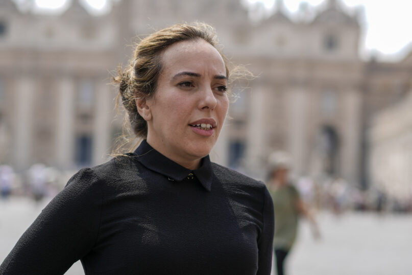 Stella Assange, wife of WikiLeaks founder Julian Assange, is interviewed by the Associated Press in front of St. Peter's Square, in Rome, Friday, June 30, 2023. Stella Assange was earlier received at the Vatican by Pope Francis for a private meeting. (AP Photo/Andrew Medichini)