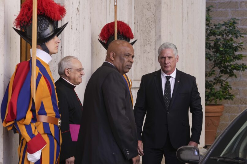 Cuban President Miguel Díaz-Canel, right, arrives to meet with Pope Francis at The Vatican, Tuesday, June 20, 2023. (AP Photo/Domenico Stinellis)