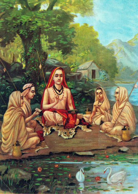 Adi Shankara, founder of Advaita Vedanta, with disciples, created in the early 1900s. Oleograph by Raja Ravi Varma courtesy of Wikimedia Commons