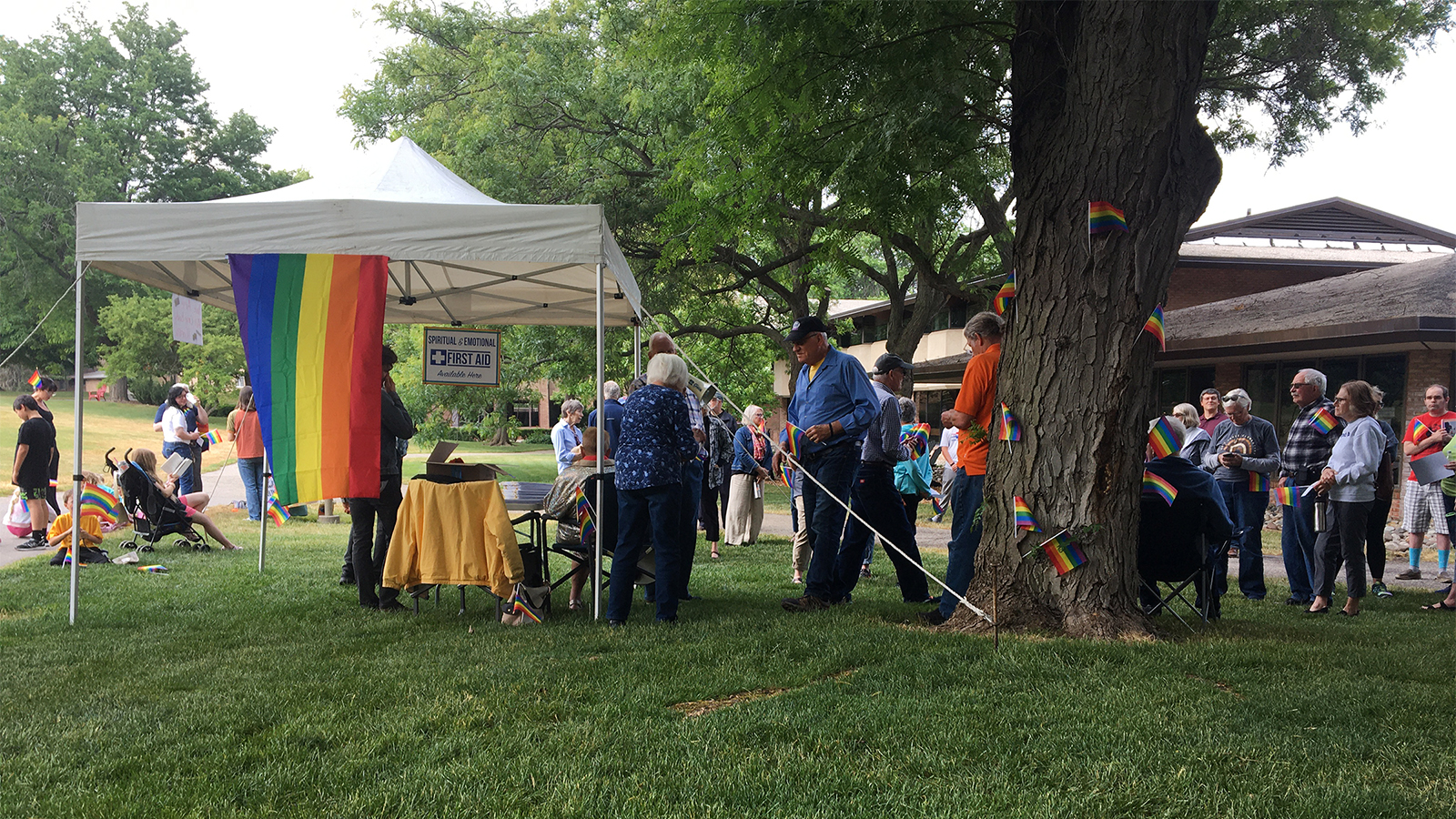 Pro-LGBT demonstrators outside the annual synod of the Christian Reformed Church at Calvin University in Grand Rapids, Michigan, Wednesday evening, June 14, 2023. Photo by Grace Buller