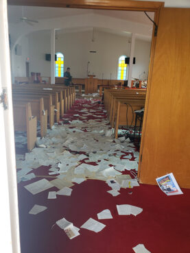 A police officer investigates vandalism at Fowler United Methodist Church in Annapolis, Maryland, on June 9, 2023. Photos courtesy Fowler UMC