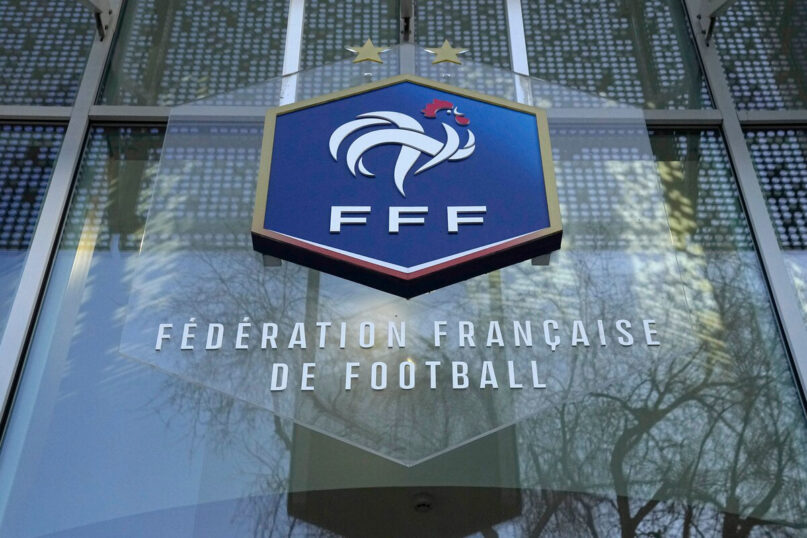 The logo of the French soccer federation (FFF), is pictured at the federation headquarters in Paris, Wednesday, Jan. 11, 2023. (Michel Euler/AP Photo)
