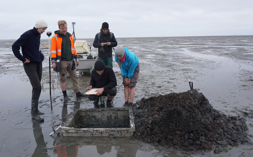 A metal frame allows archaeological excavations of 1 square meter in the Wadden Sea tidal flats in northern Germany. Research teams excavate and document during one low tide. Photo © Ruth Blankenfeldt, Schleswig
