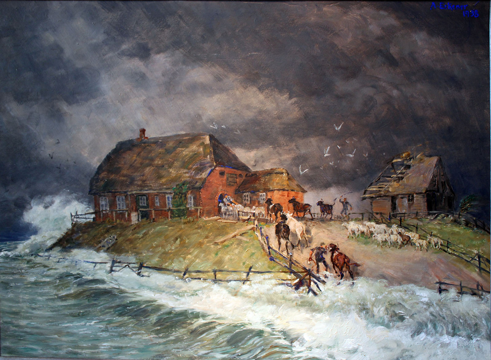 "Hallig during a storm tide" by Alexander Eckener. This 1906 painting is of a North Frisian Wadden Sea dwelling mound in a rough storm. Rungholt would have likely looked like a series of similar mounds. Image by Alexander Eckener/Wikipedia/Creative Commons
