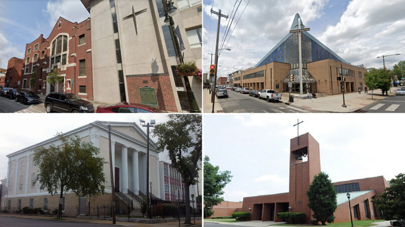 Second Baptist Church of Detroit, clockwise from top left, Zion Baptist Church of Philadelphia, First Baptist Church-West in Charlotte, and Fourth Baptist Church in Richmond, Virginia. Screen grabs