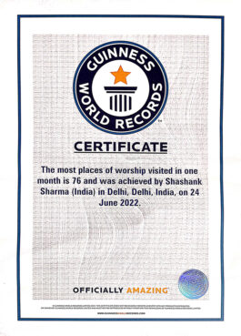 Shashank Sharma's Guinness World Records Certificate for the most places of worship visited in one month. Courtesy Shashank Sharma