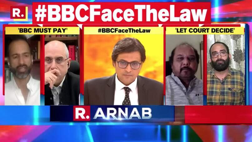 Arnab Goswami, center, hosts a Republic News Service debate segment titled “BBC Gets Notice Over PM Modi Documentary: A Lesson For Western Media?” in India. Video screen grab