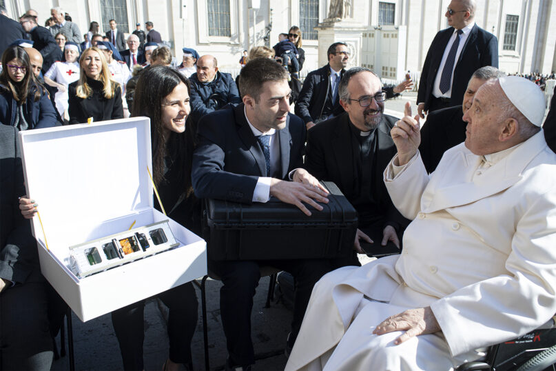 Pope Francis discusses the space mission before blessing the Spei Satelles on March 29, 2023, at the Vatican. Photo © Vatican Media