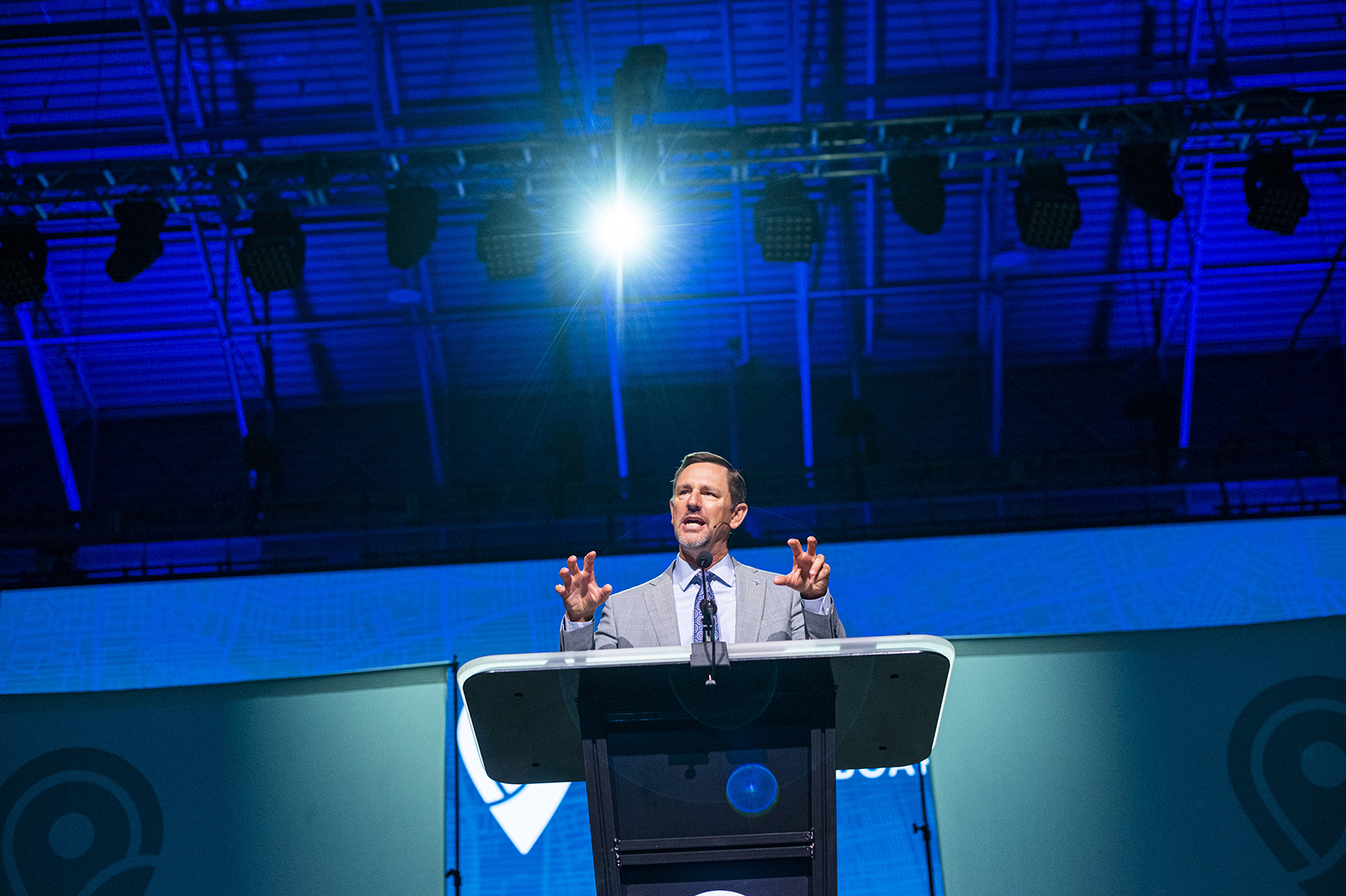 International Mission Board president Paul Chitwood speaks during the first day of the Southern Baptist Convention annual meeting at the Ernest N. Morial Convention Center in New Orleans, La., on June 13, 2023. RNS photo by Emily Kask