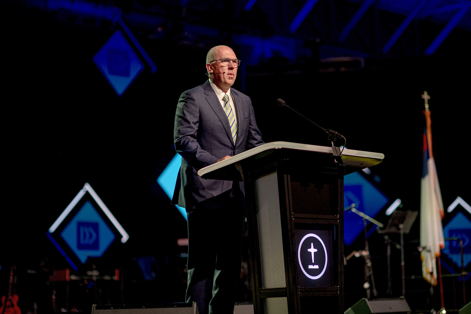 Southern Baptist Convention president Bart Barber speaks during the first day of the SBC annual meeting at the Ernest N. Morial Convention Center in New Orleans, La., on June 13, 2023. RNS photo by Emily Kask