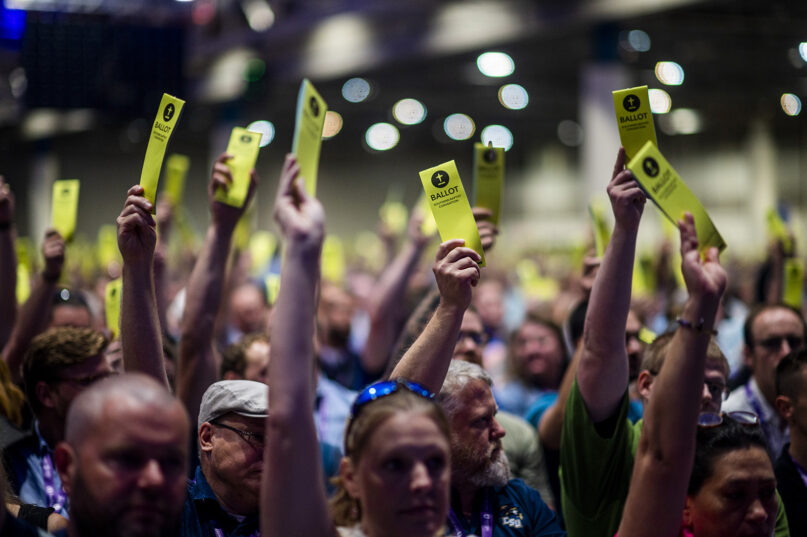 Messengers vote during the first day of the Southern Baptist Convention annual meeting at the Ernest N. Morial Convention Center in New Orleans, June 13, 2023. RNS photo by Emily Kask