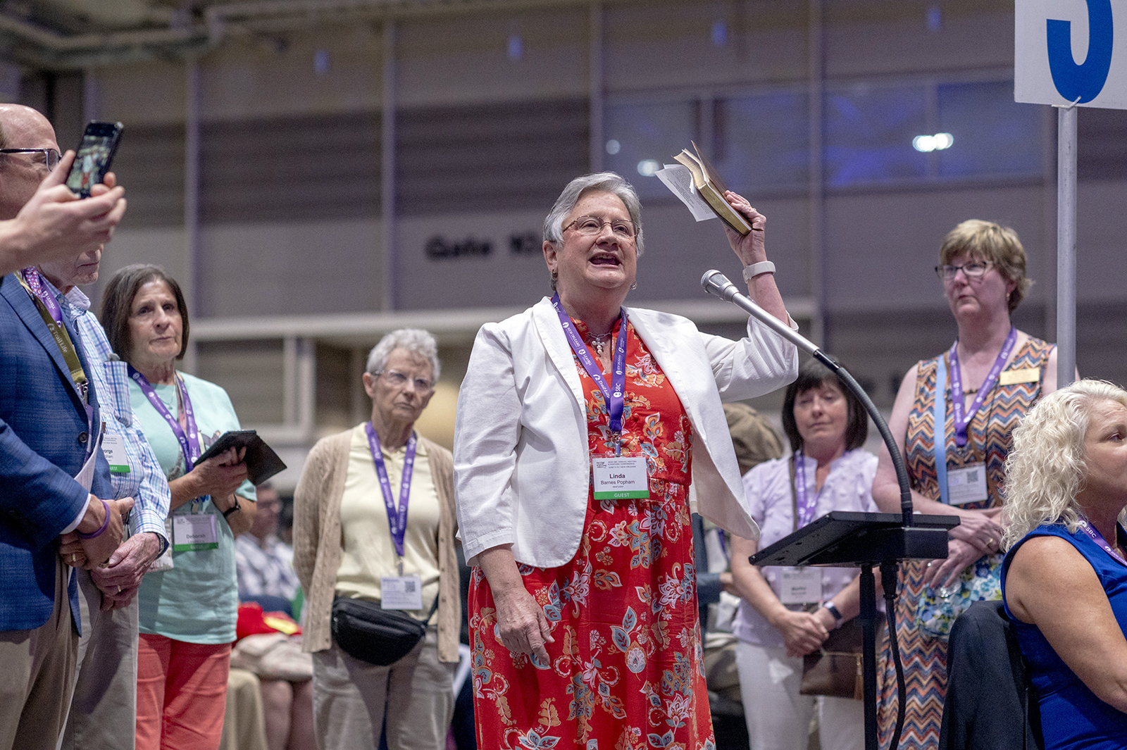 The Rev. Linda Barnes Popham speaks at the Southern Baptist Convention annual meeting at the Ernest N. Morial Convention Center in New Orleans, La., on June 13, 2023. RNS photo by Emily Kask
