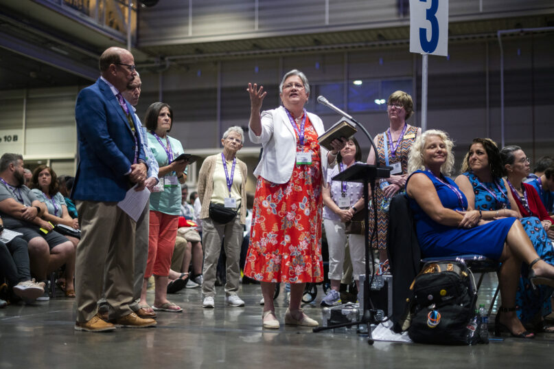 The Rev. Linda Barnes Popham speaks at the Southern Baptist Convention annual meeting at the Ernest N. Morial Convention Center in New Orleans, La., on June 13, 2023. RNS photo by Emily Kask