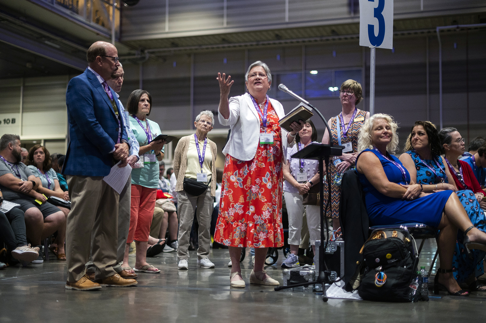 The Rev. Linda Barnes Popham speaks at the Southern Baptist Convention annual meeting at the Ernest N. Memorial Convention Center in New Orleans, La., on June 13, 2023. RNS photo by Emily Kask
