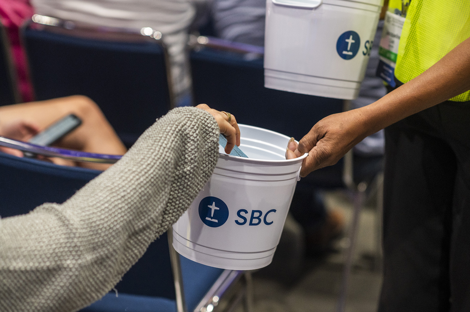 Votes are collected at the Southern Baptist Convention annual meeting at the Ernest N. Memorial Convention Center in New Orleans, La., on June 13, 2023. RNS photo by Emily Kask